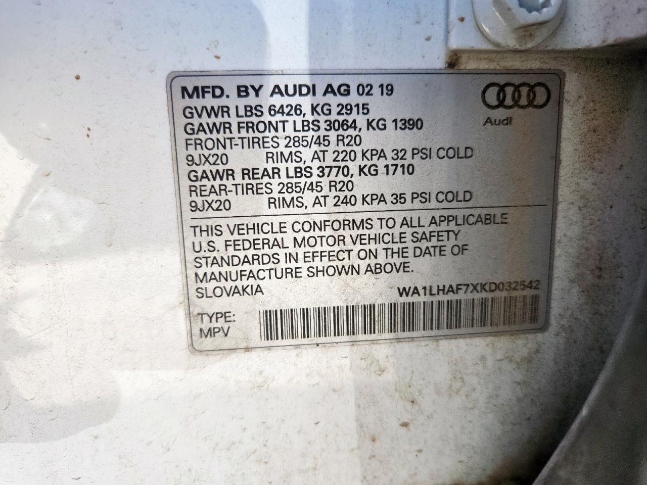 2019 Audi Q7 Premium Plus VIN: WA1LHAF7XKD032542 Lot: 63159085
