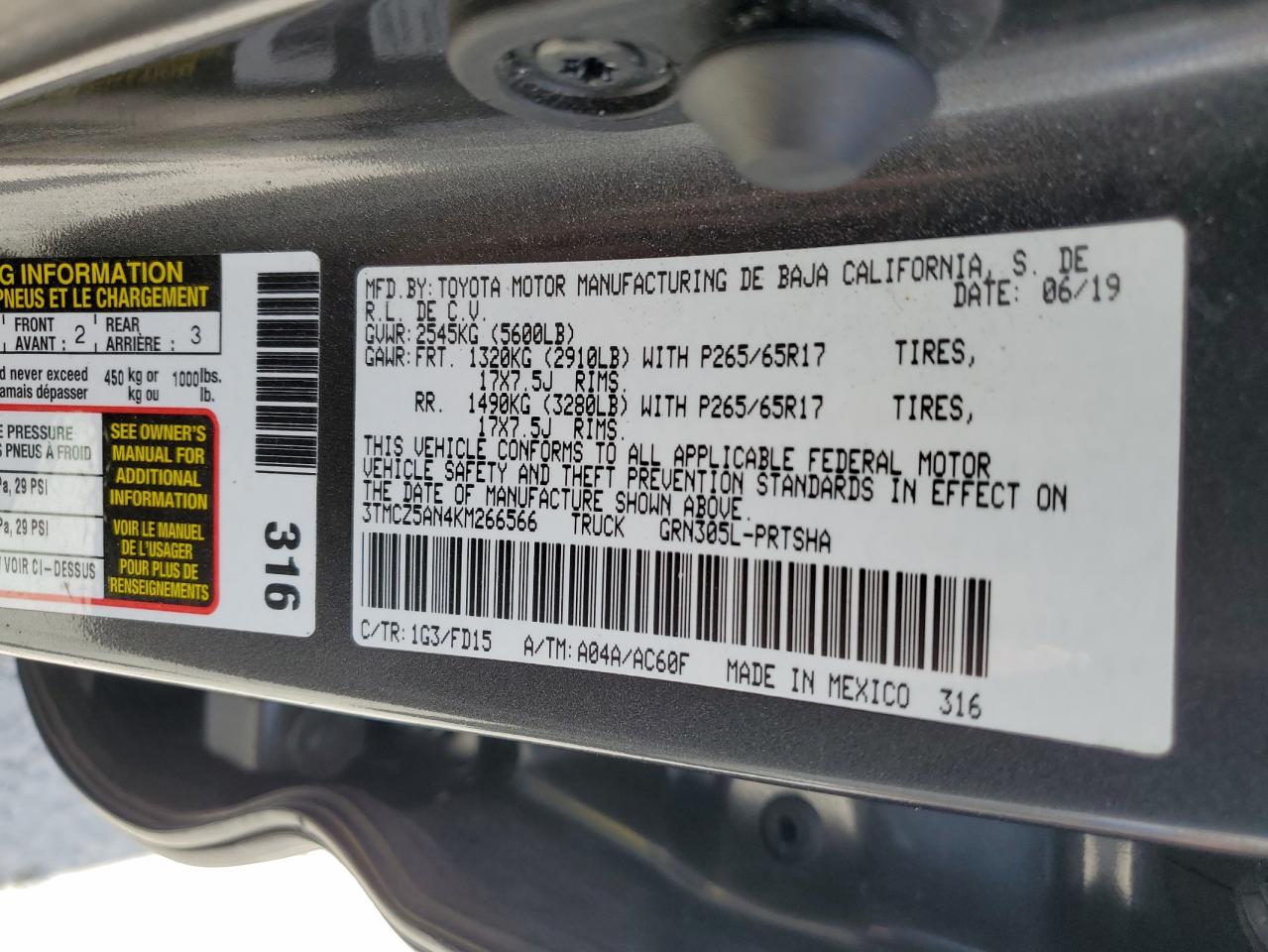 2019 Toyota Tacoma Double Cab VIN: 3TMCZ5AN4KM266566 Lot: 63197795