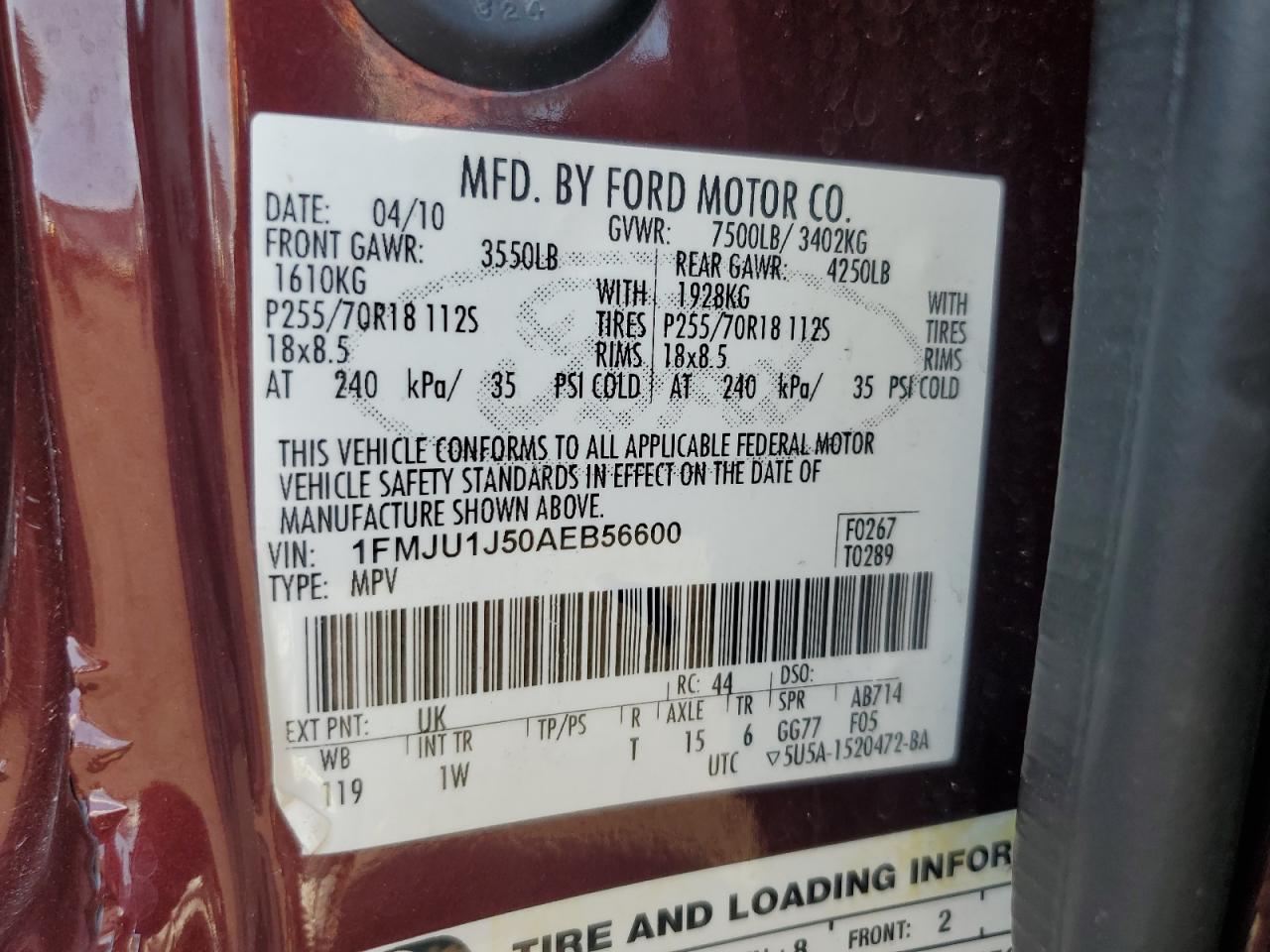 2010 Ford Expedition Eddie Bauer VIN: 1FMJU1J50AEB56600 Lot: 63259685