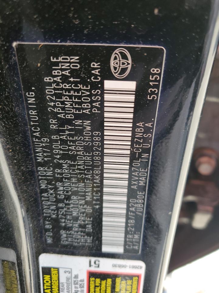 2020 Toyota Camry Le VIN: 4T1C11AK8LU892989 Lot: 64749405