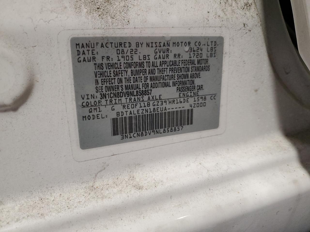 2022 Nissan Versa S VIN: 3N1CN8DV9NL858857 Lot: 66119565