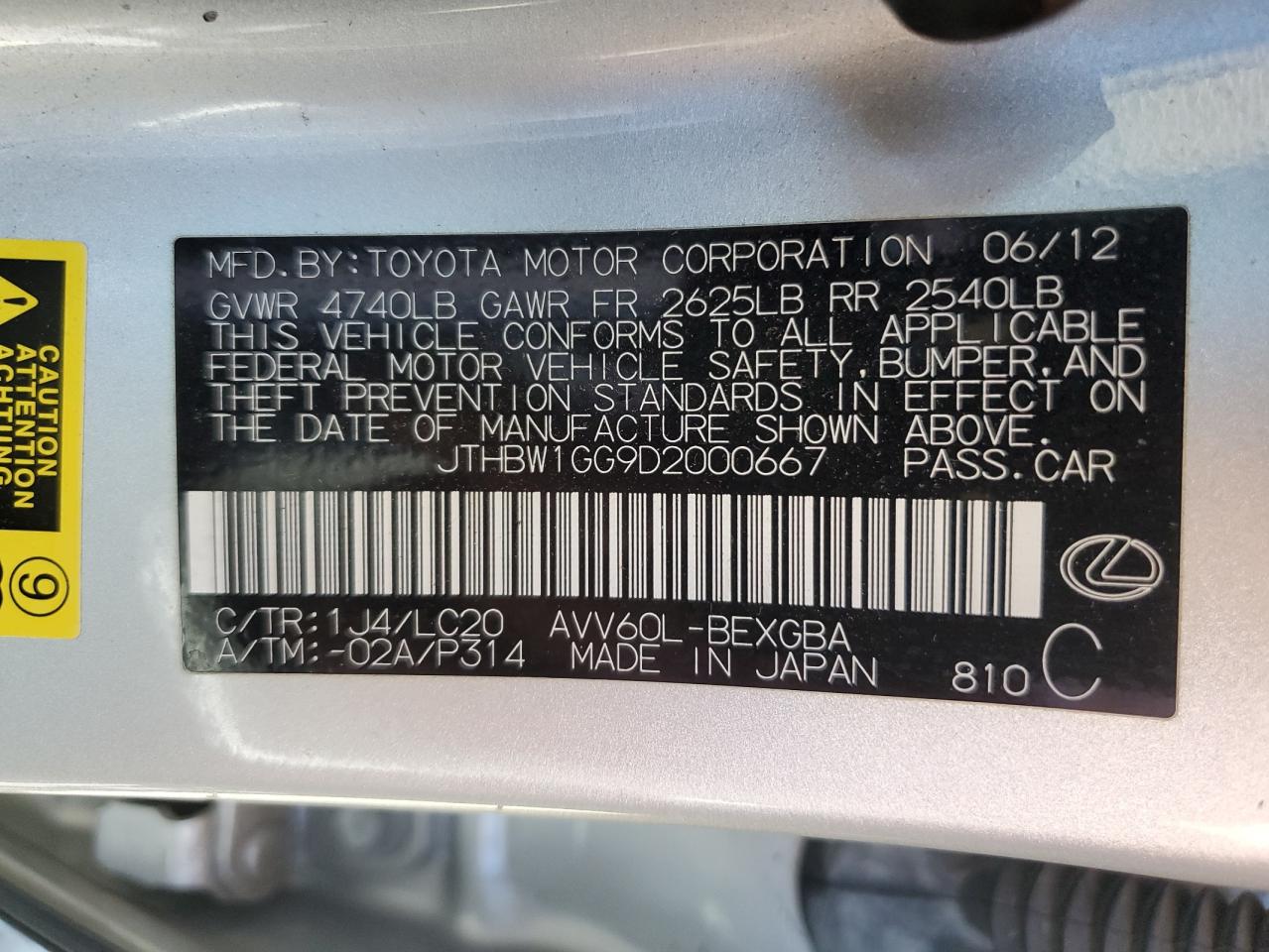 2013 Lexus Es 300H VIN: JTHBW1GG9D2000667 Lot: 66326175