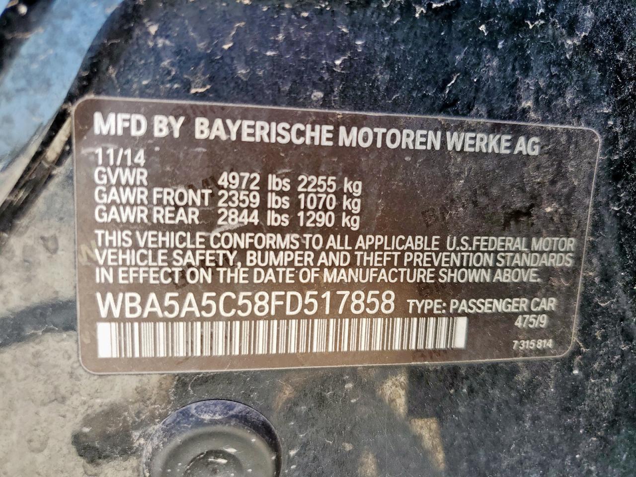 2015 BMW 528 I VIN: WBA5A5C58FD517858 Lot: 64221605