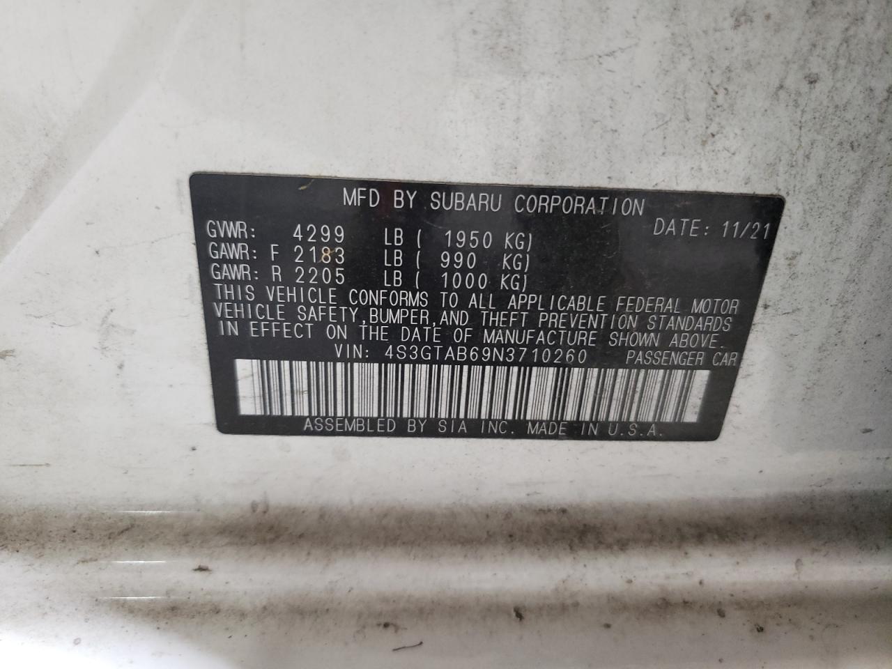 2022 Subaru Impreza VIN: 4S3GTAB69N3710260 Lot: 61545625