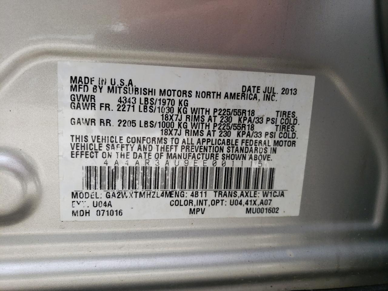 2014 Mitsubishi Outlander Sport Es VIN: 4A4AR3AU9EE001115 Lot: 63163545