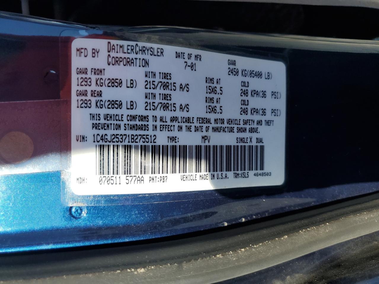 2001 Chrysler Voyager VIN: 1C4GJ25371B275512 Lot: 58913385