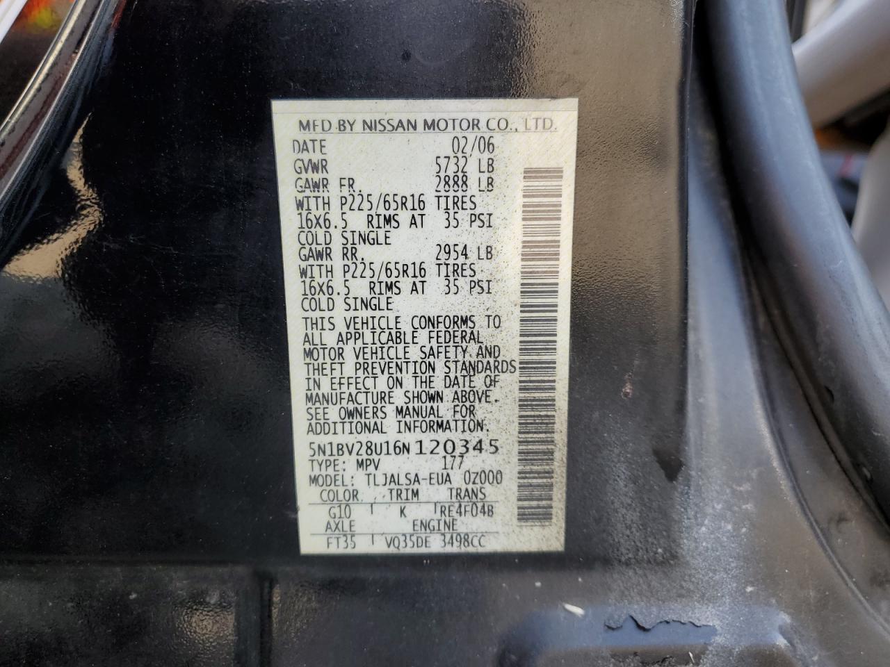 2006 Nissan Quest S VIN: 5N1BV28U16N120345 Lot: 67207905