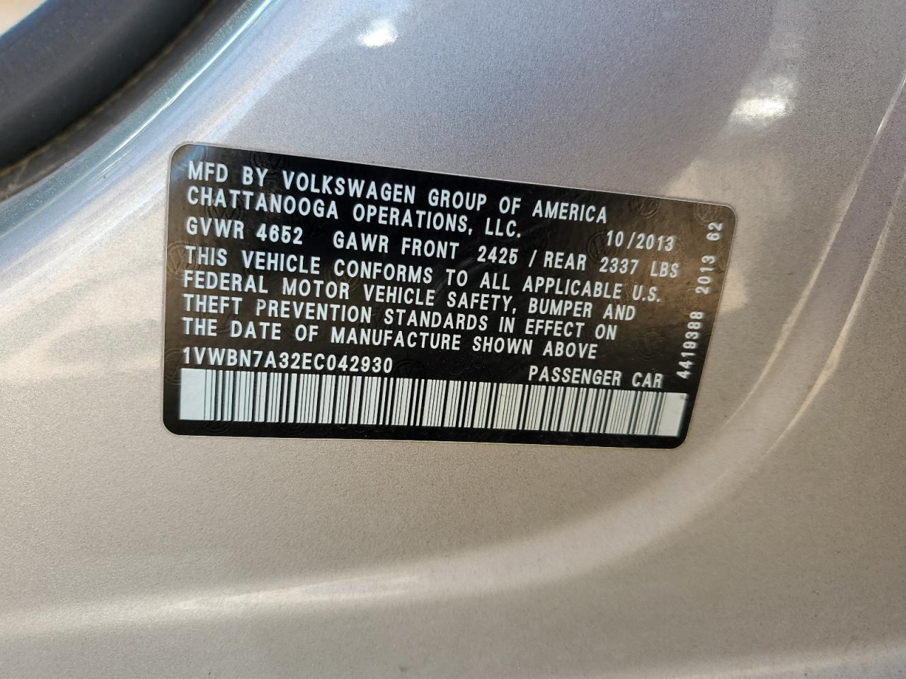 2014 Volkswagen Passat Se VIN: 1VWBN7A32EC042930 Lot: 62376265