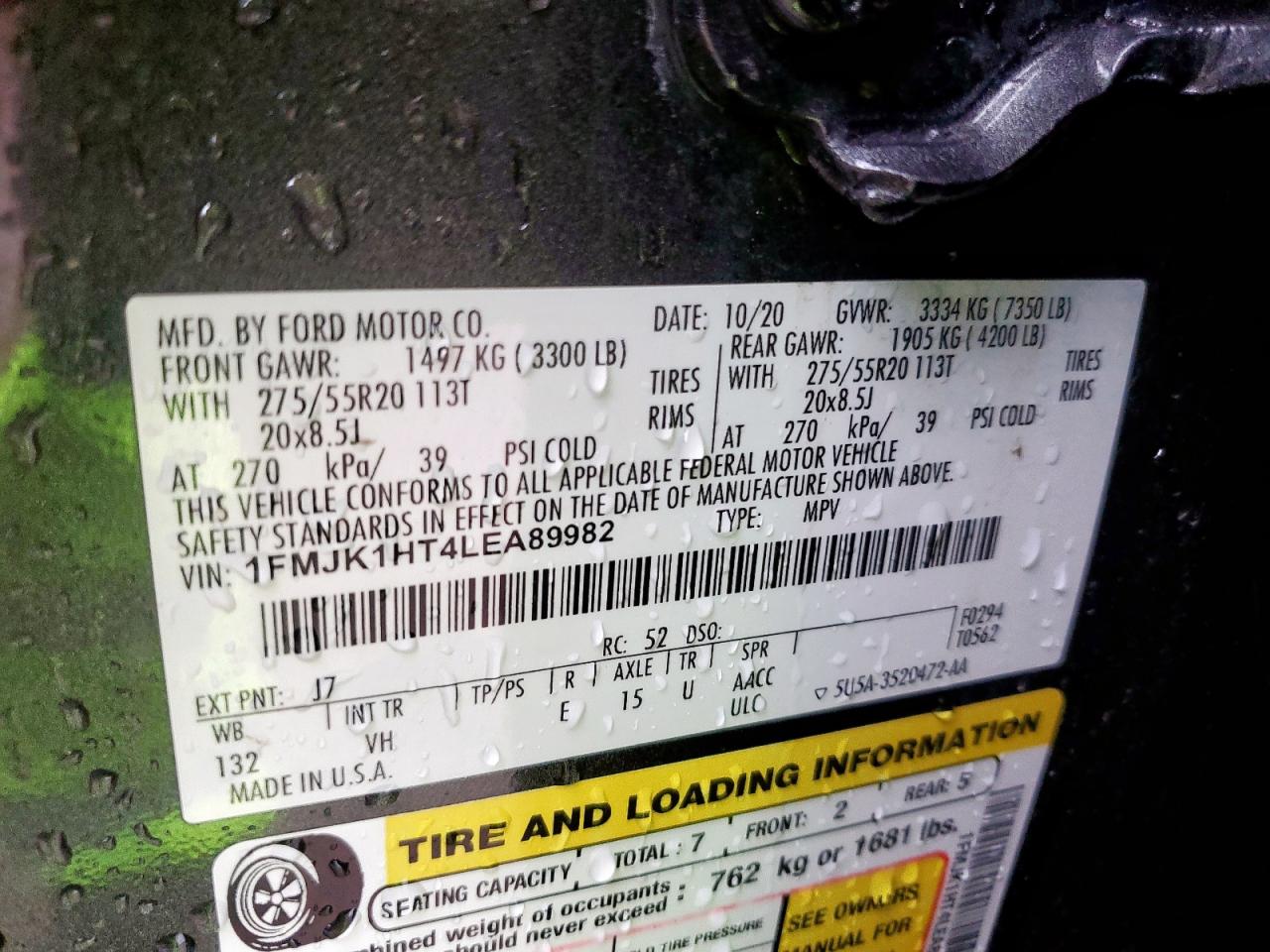 2020 Ford Expedition Max Xlt VIN: 1FMJK1HT4LEA89982 Lot: 62220775