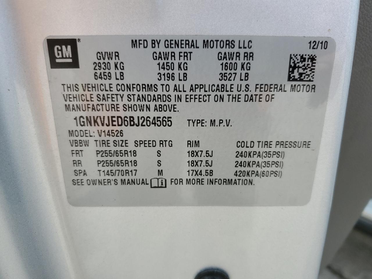 2011 Chevrolet Traverse Lt VIN: 1GNKVJED6BJ264565 Lot: 64516965