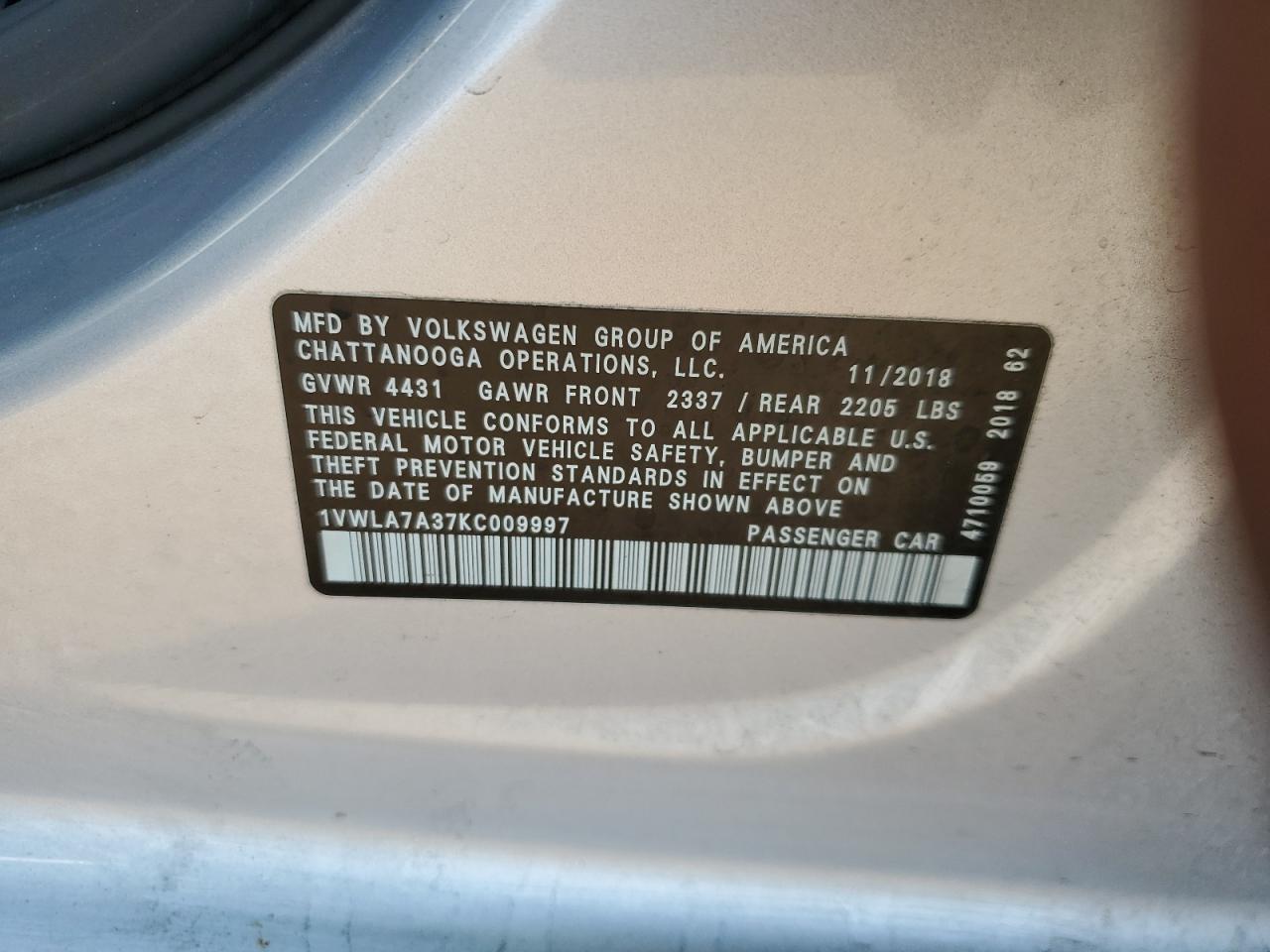 2019 Volkswagen Passat Wolfsburg VIN: 1VWLA7A37KC009997 Lot: 65456425