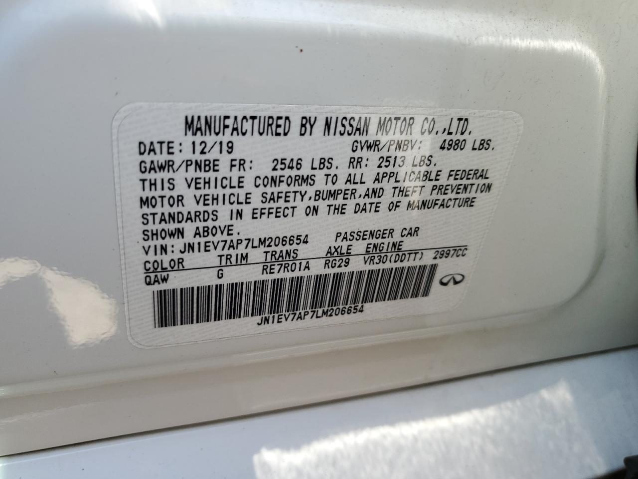 2020 Infiniti Q50 Pure VIN: JN1EV7AP7LM206654 Lot: 63908025