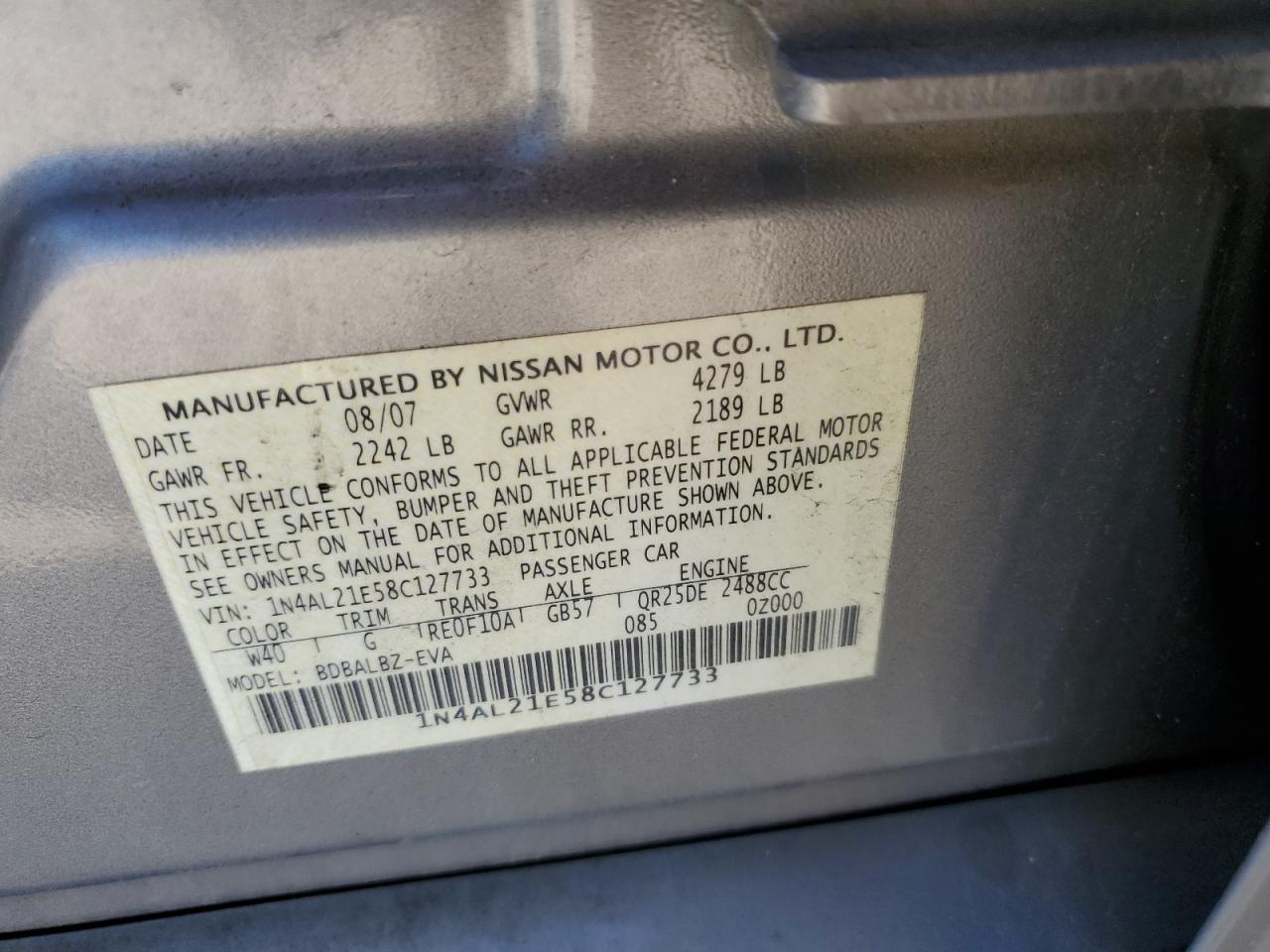2008 Nissan Altima 2.5 VIN: 1N4AL21E58C127733 Lot: 64307415