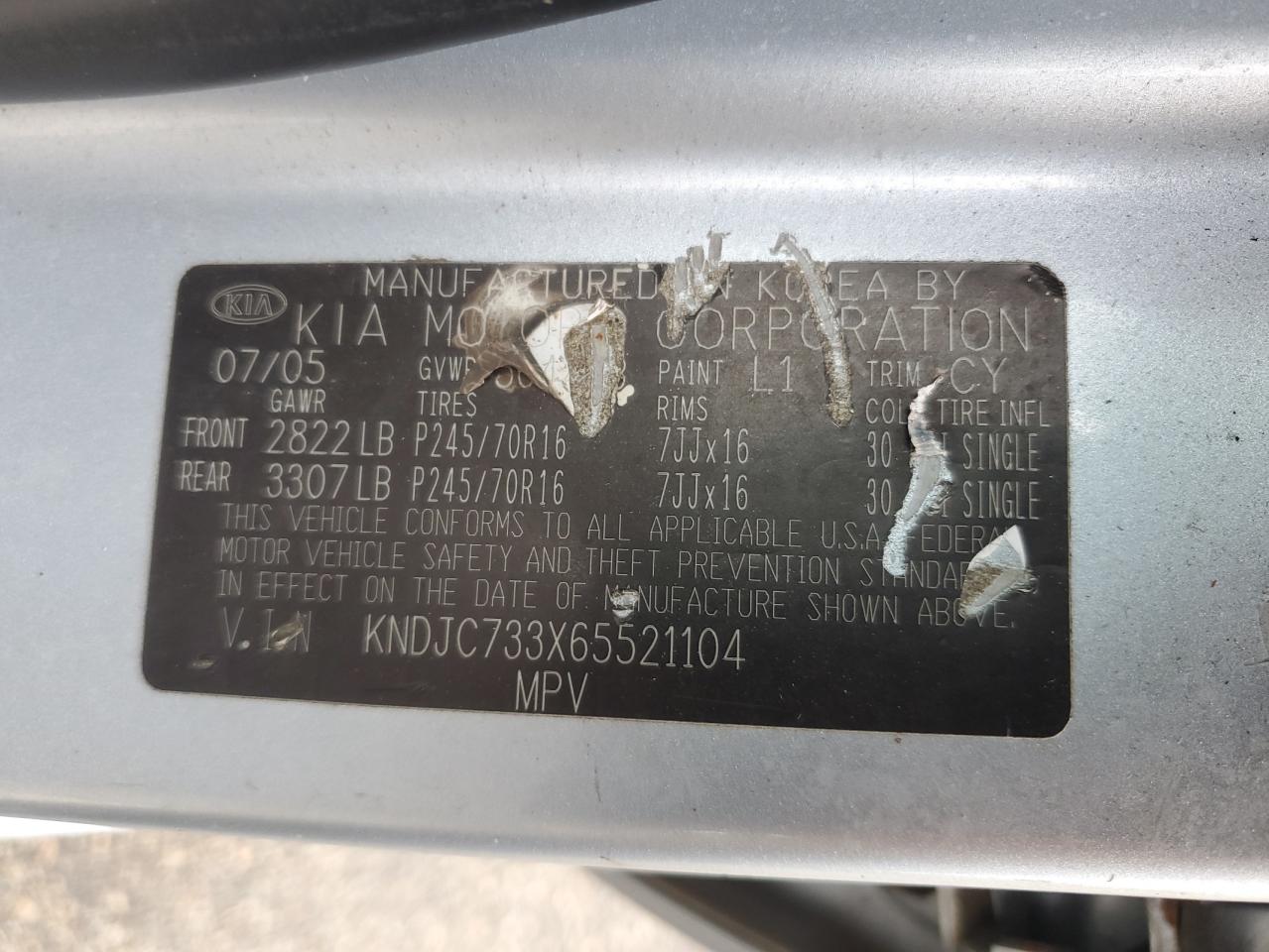 2006 Kia Sorento Ex VIN: KNDJC733X65521104 Lot: 63193005