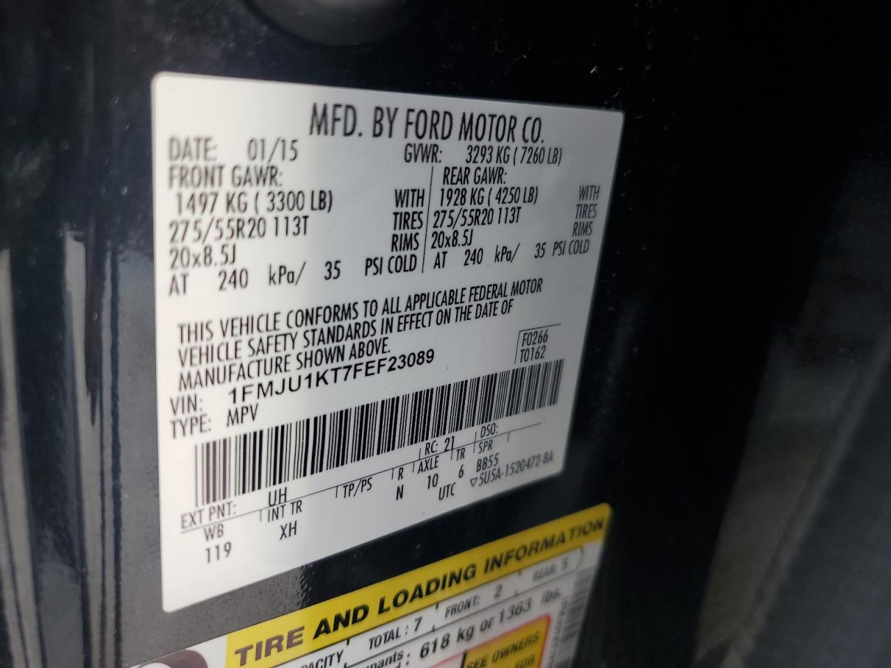 2015 Ford Expedition Limited VIN: 1FMJU1KT7FEF23089 Lot: 65248275