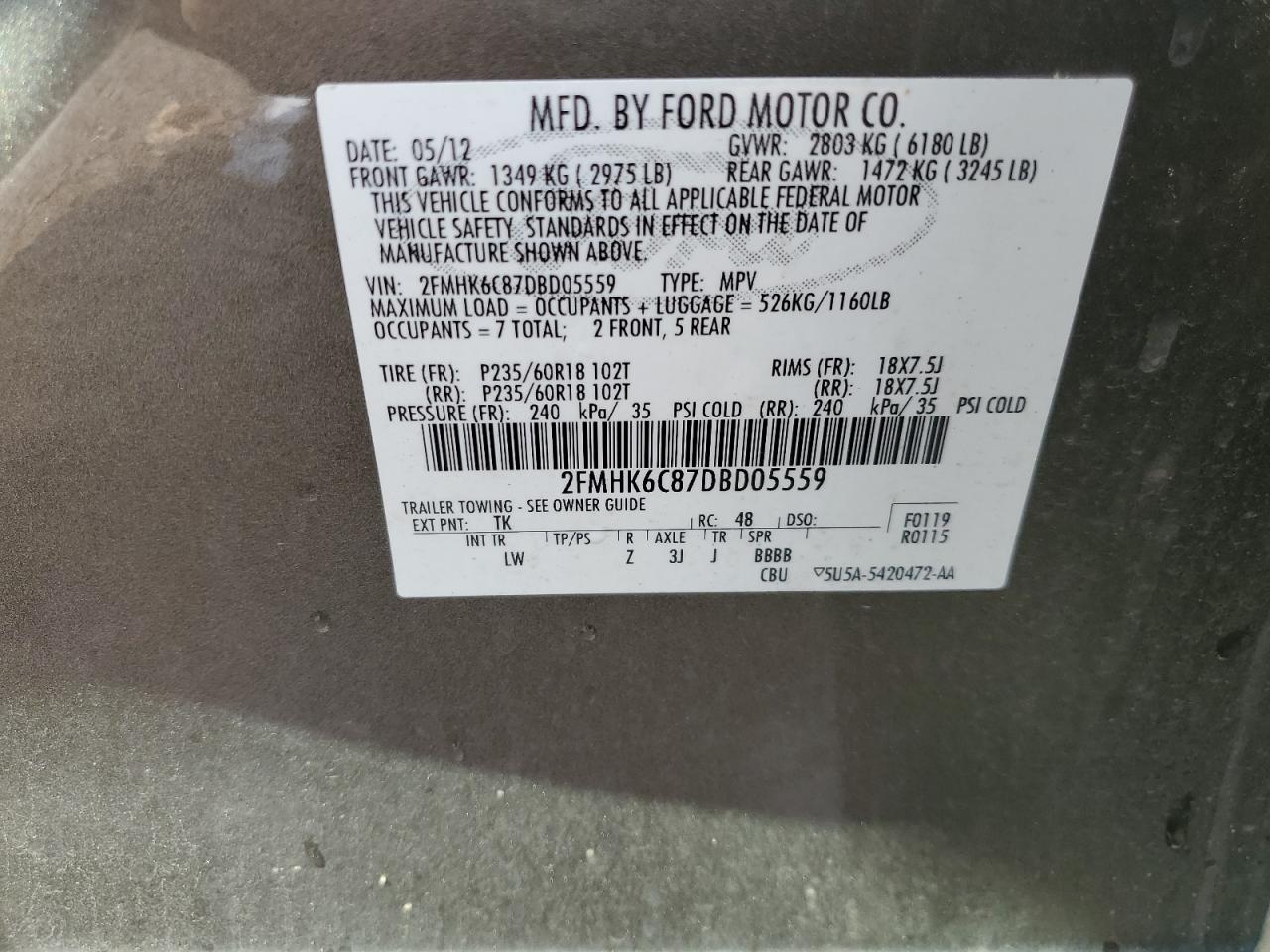 2013 Ford Flex Sel VIN: 2FMHK6C87DBD05559 Lot: 63869535