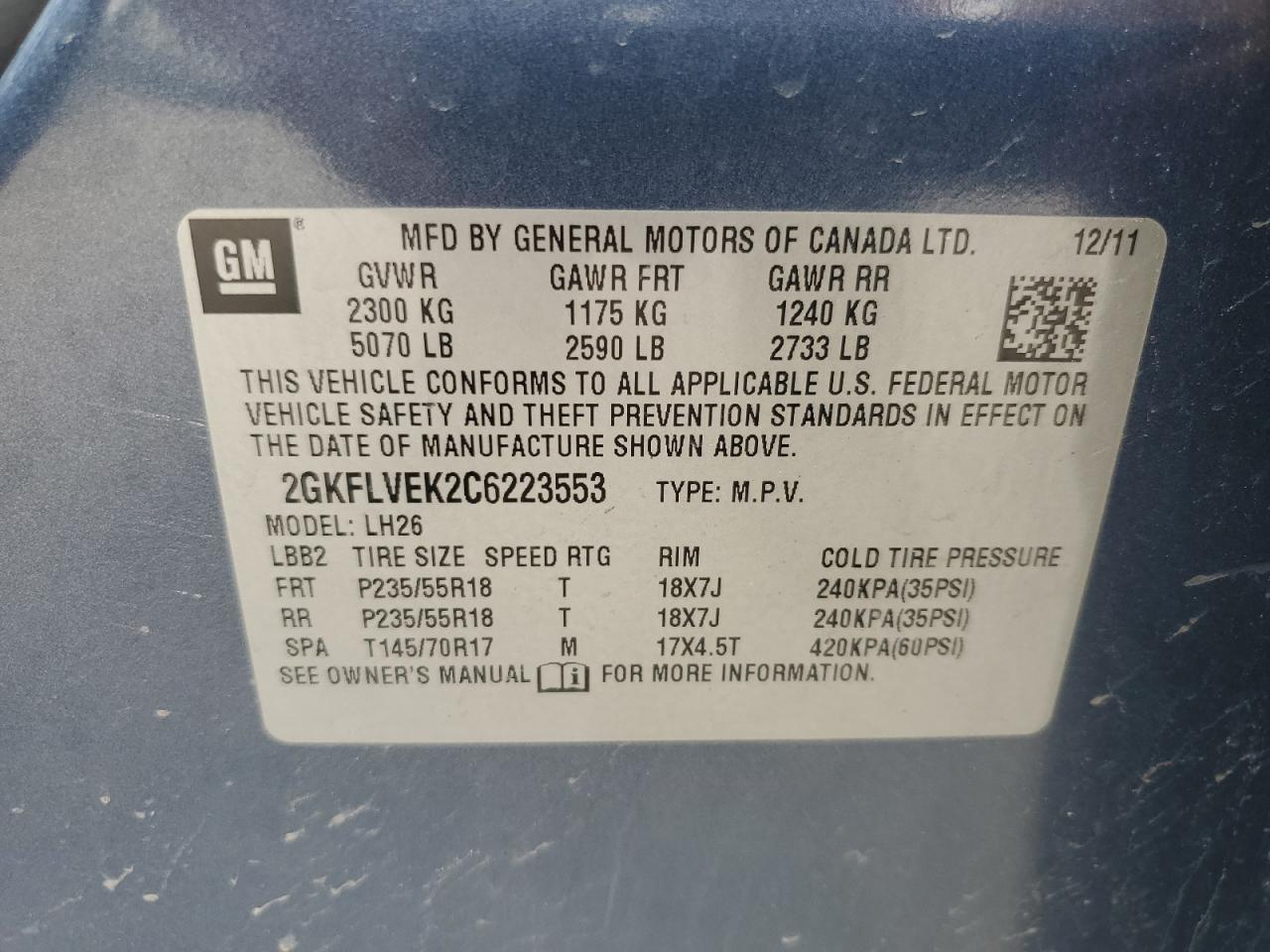 2012 GMC Terrain Slt VIN: 2GKFLVEK2C6223553 Lot: 63180265