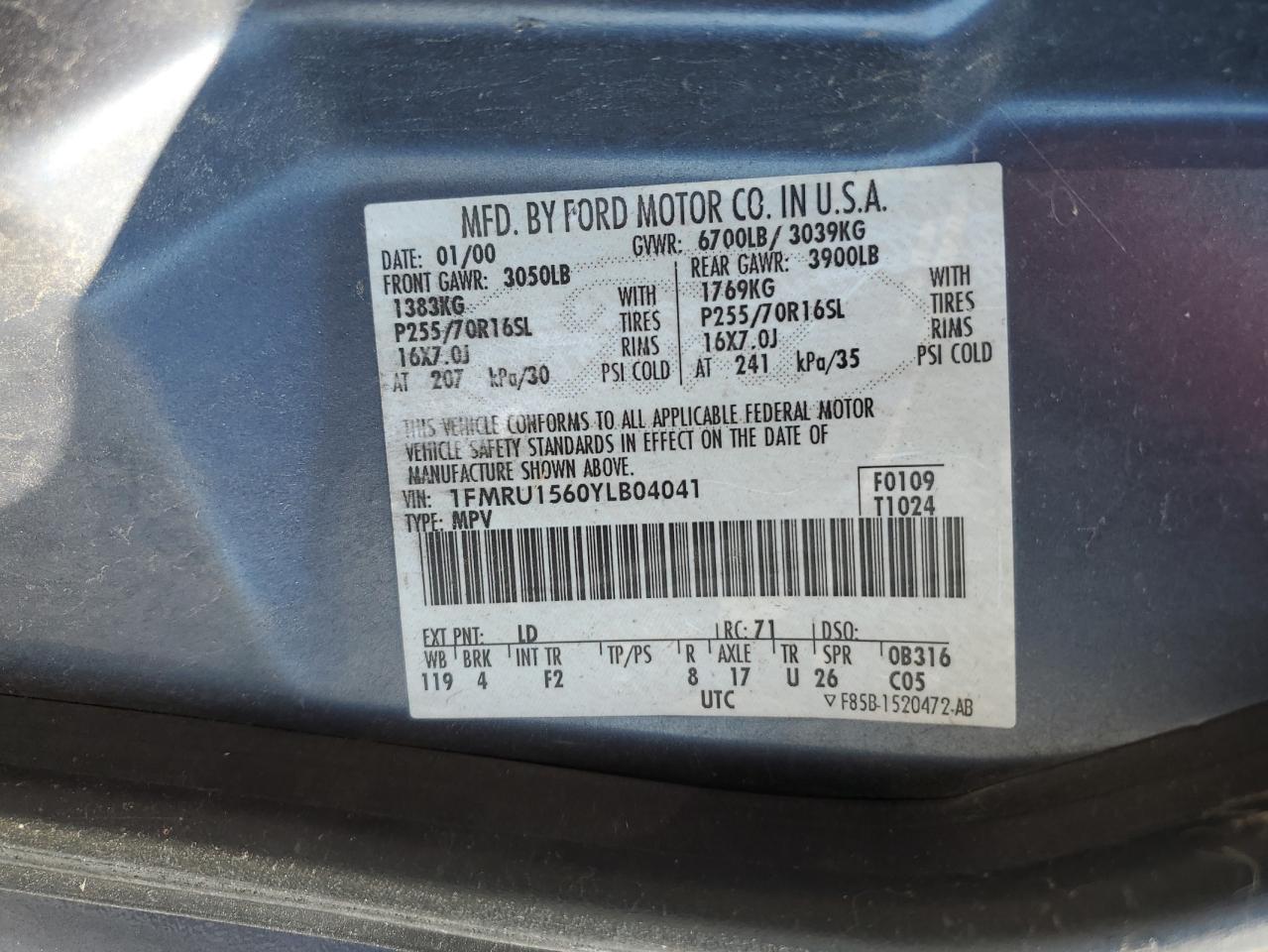 2000 Ford Expedition Xlt VIN: 1FMRU1560YLB04041 Lot: 65178625