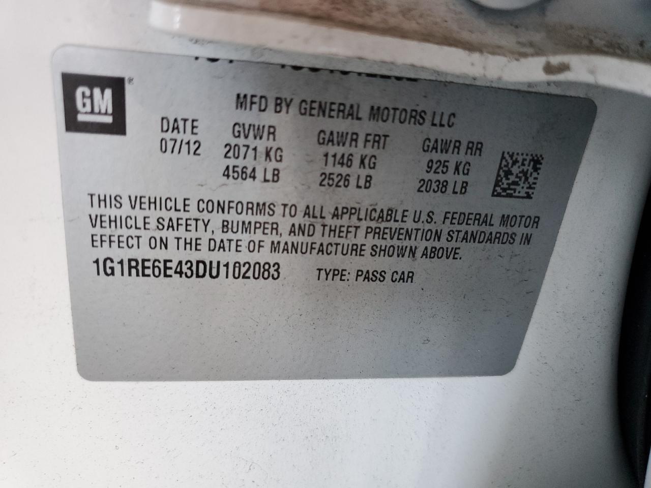 2013 Chevrolet Volt VIN: 1G1RE6E43DU102083 Lot: 63973565