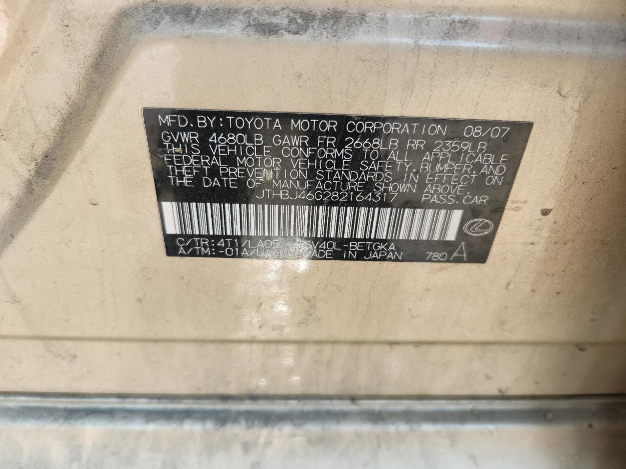 2008 Lexus Es 350 VIN: JTHBJ46G282164317 Lot: 64437995