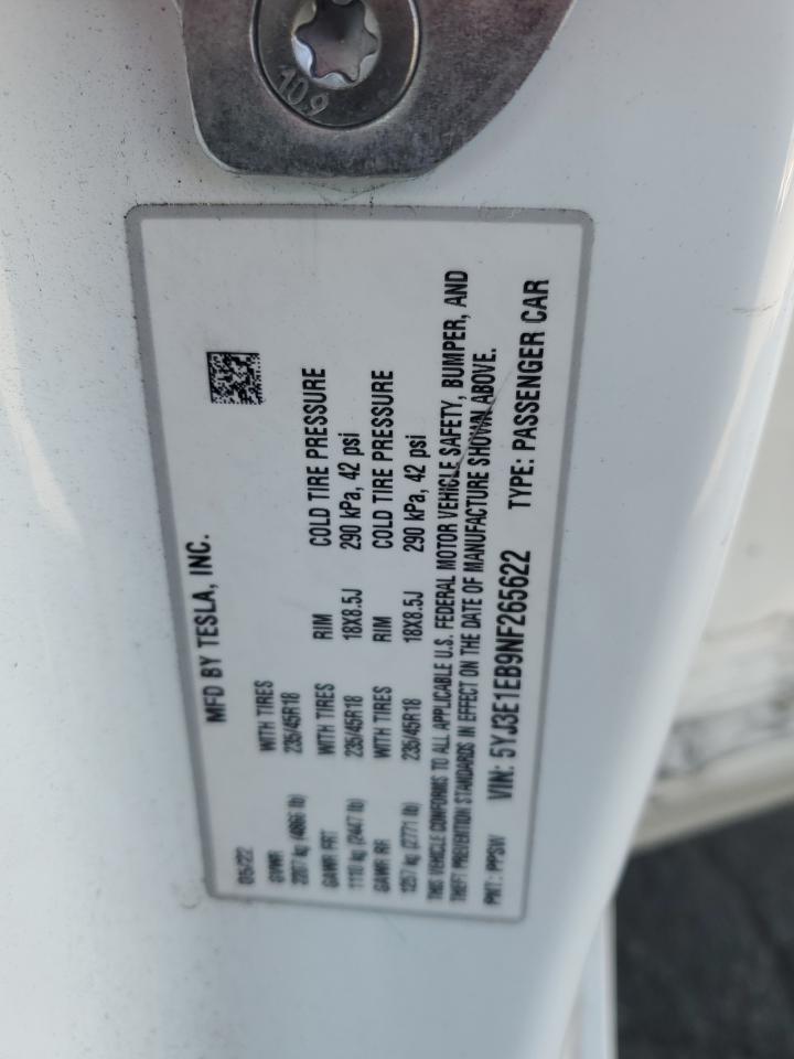2022 Tesla Model 3 VIN: 5YJ3E1EB9NF265622 Lot: 64278135