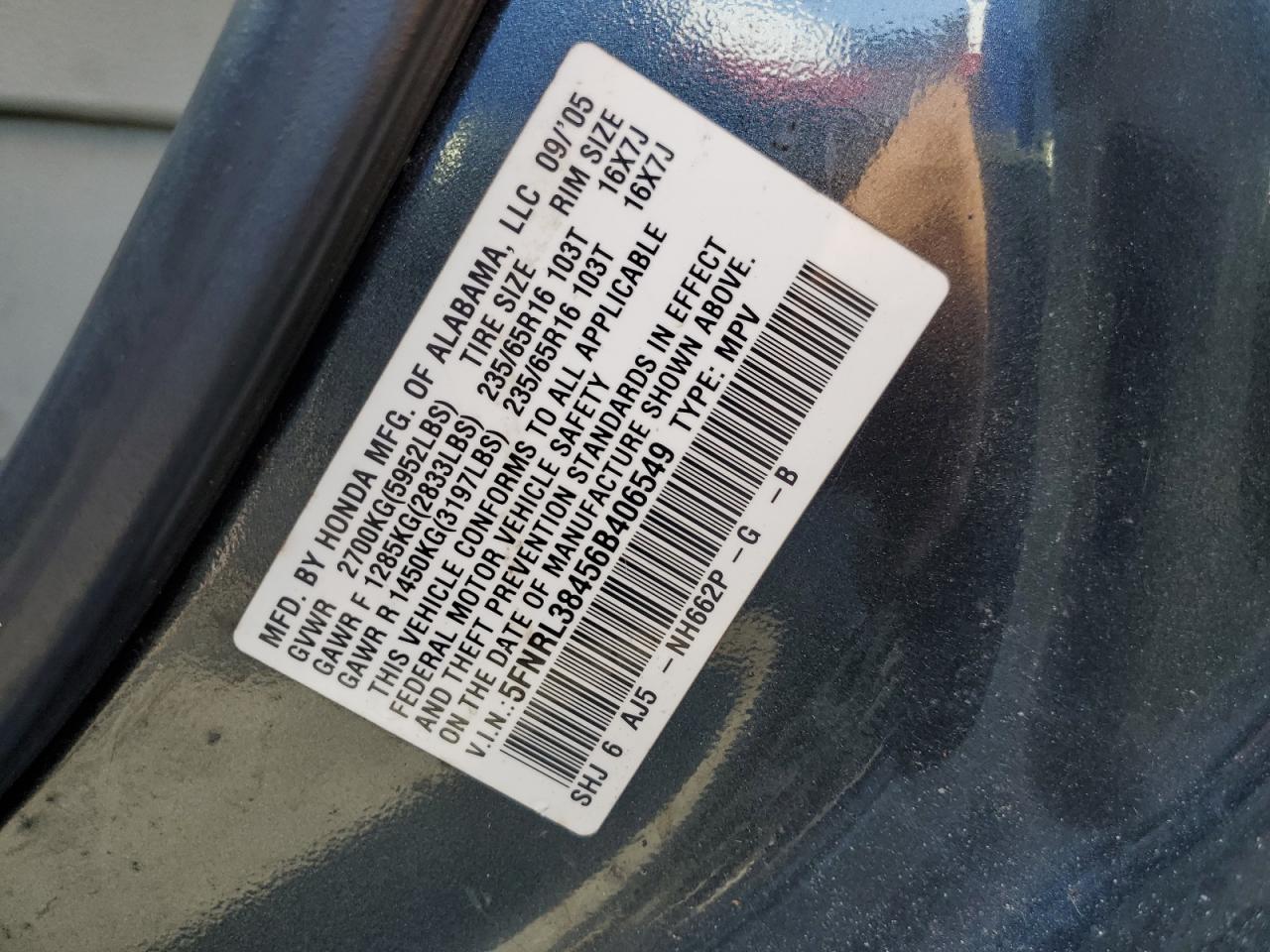 2006 Honda Odyssey Ex VIN: 5FNRL38456B406549 Lot: 63462215