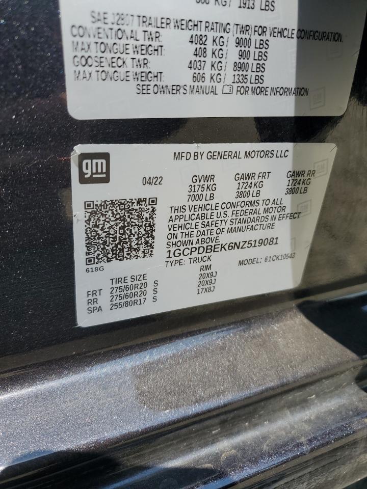 2022 Chevrolet Silverado K1500 Custom VIN: 1GCPDBEK6NZ519081 Lot: 64493835