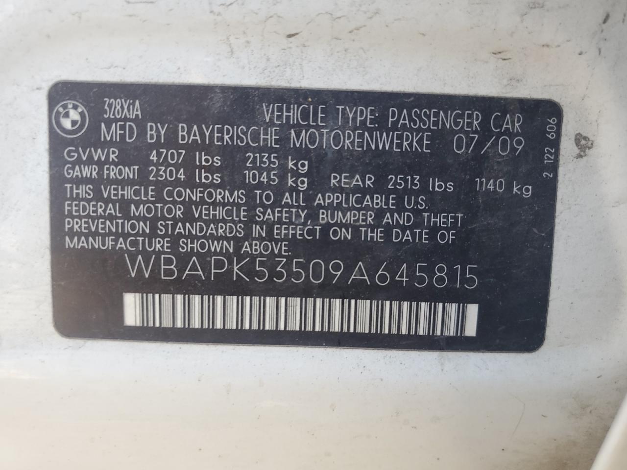 2009 BMW 328 Xi Sulev VIN: WBAPK53509A645815 Lot: 65042855