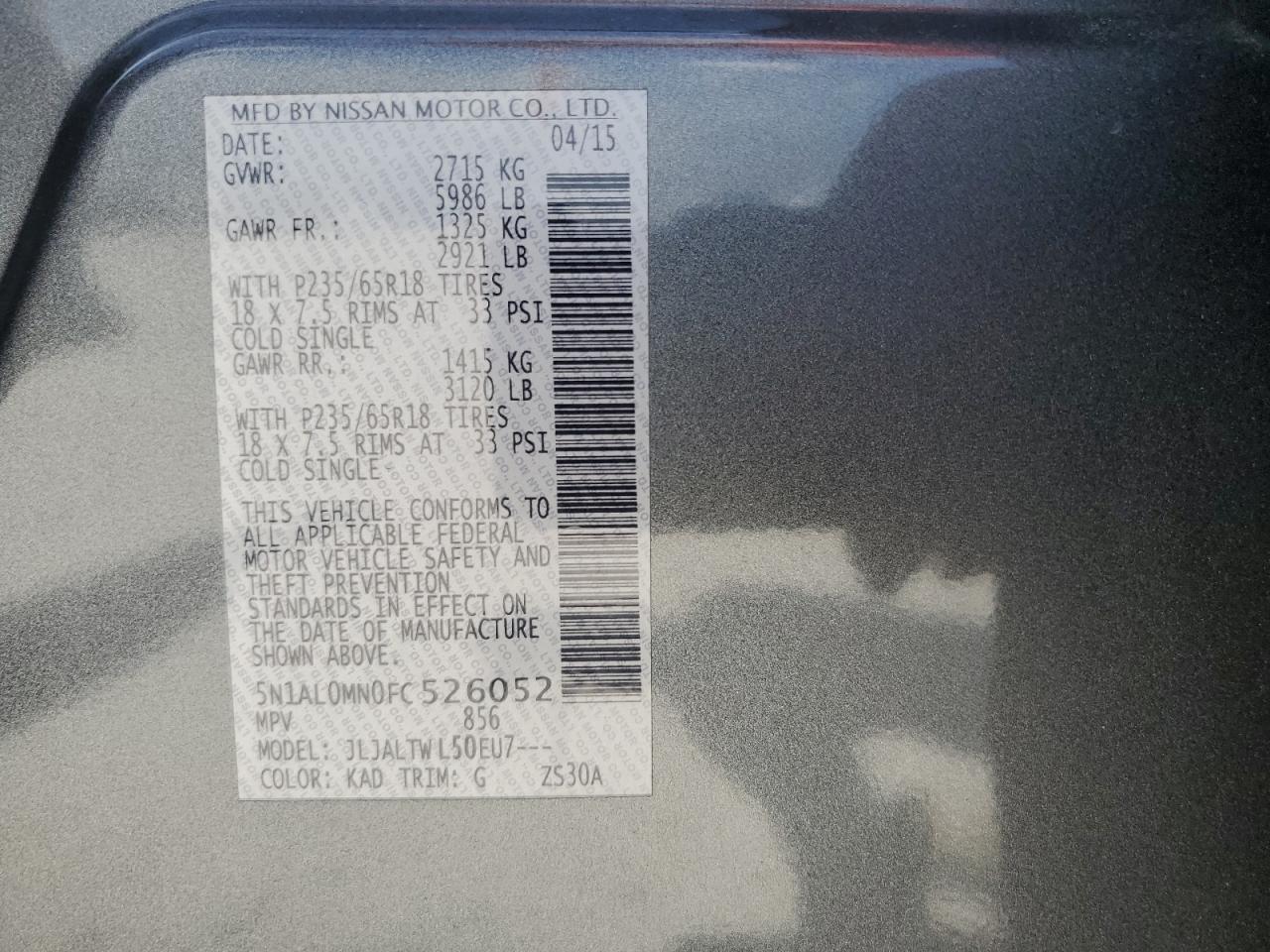 2015 Infiniti Qx60 VIN: 5N1AL0MN0FC526052 Lot: 64359295