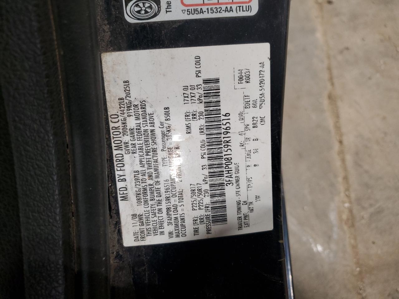 2009 Ford Fusion Sel VIN: 3FAHP08159R196516 Lot: 64931845