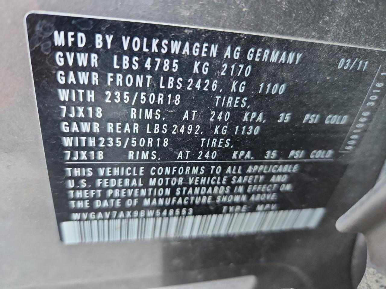 2011 Volkswagen Tiguan S VIN: WVGAV7AX9BW548553 Lot: 65383045