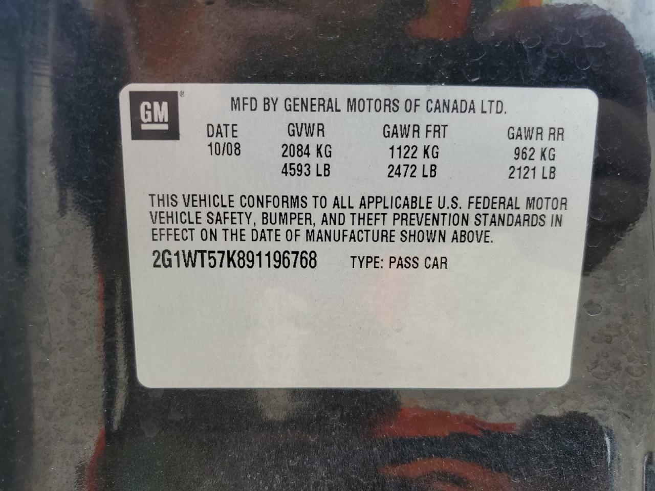 2009 Chevrolet Impala 1Lt VIN: 2G1WT57K891196768 Lot: 65089945