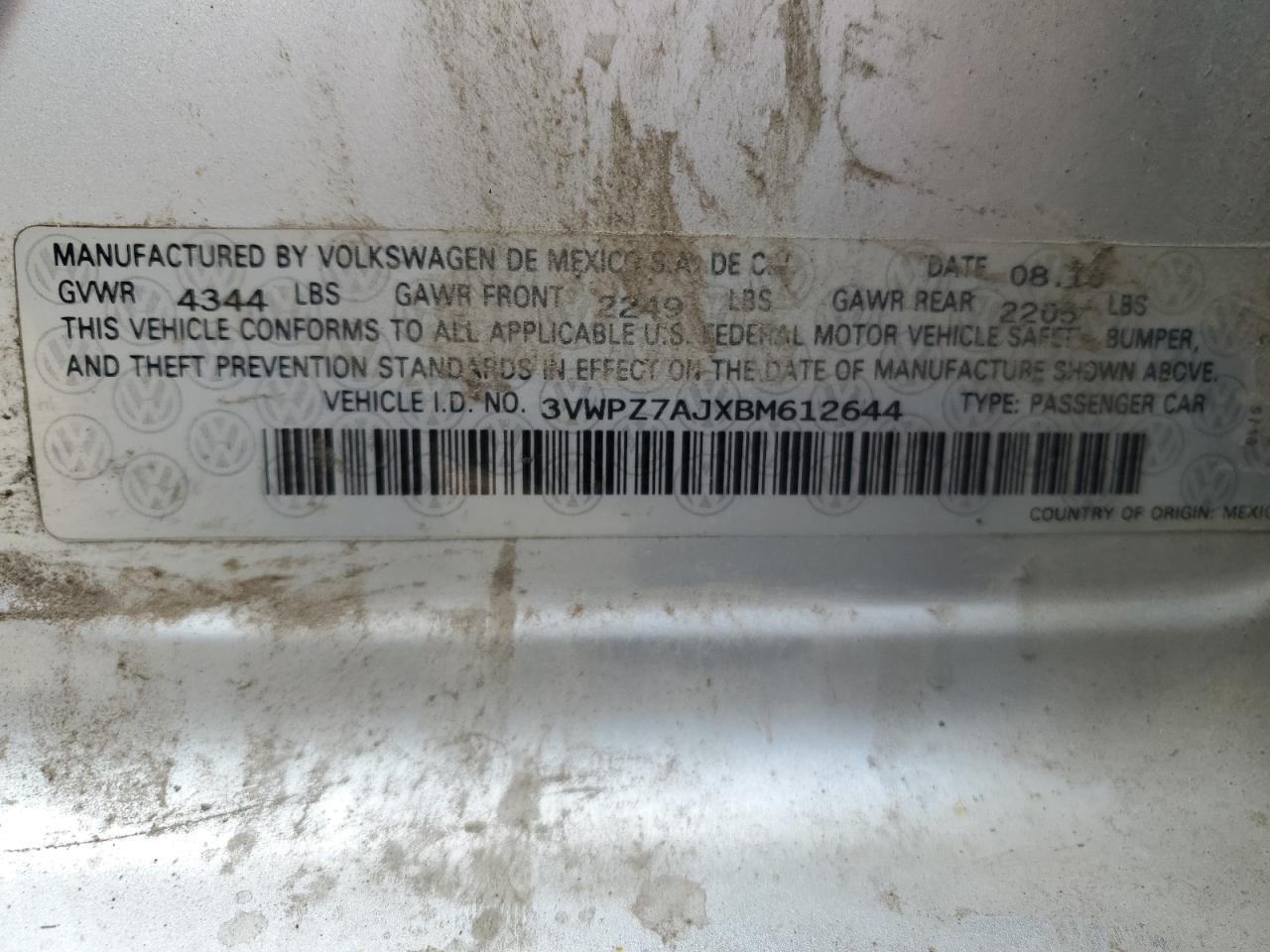 2011 Volkswagen Jetta S VIN: 3VWPZ7AJXBM612644 Lot: 64941345