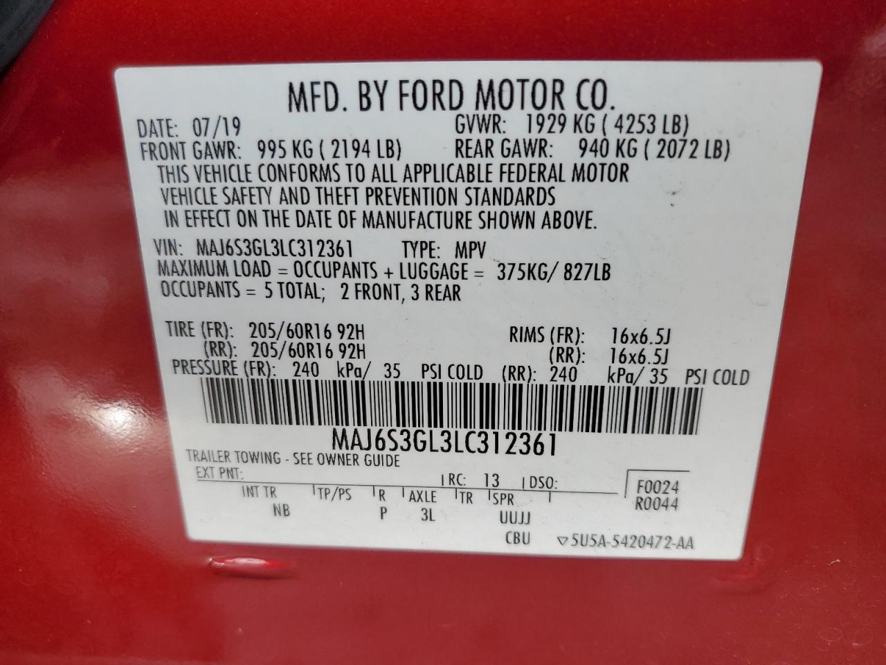 2020 Ford Ecosport Se VIN: MAJ6S3GL3LC312361 Lot: 63318925