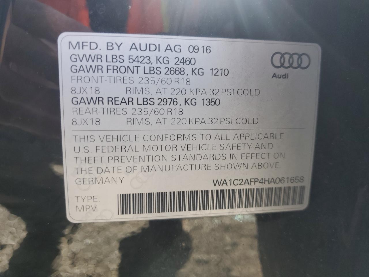2017 Audi Q5 Premium VIN: WA1C2AFP4HA061658 Lot: 65172575