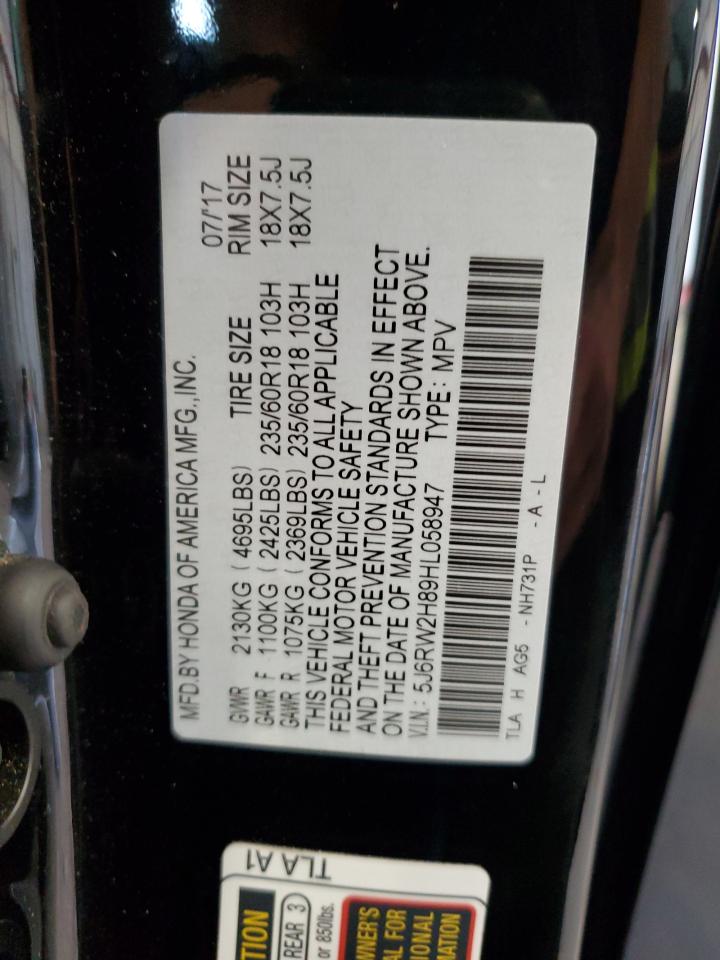 2017 Honda Cr-V Exl VIN: 5J6RW2H89HL058947 Lot: 65441285