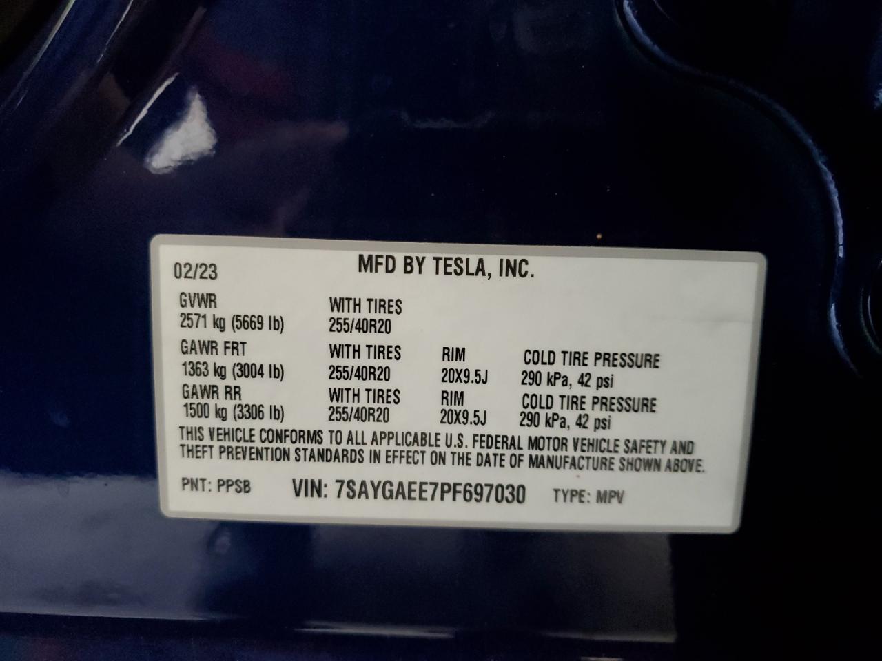 2023 Tesla Model Y VIN: 7SAYGAEE7PF697030 Lot: 66730665