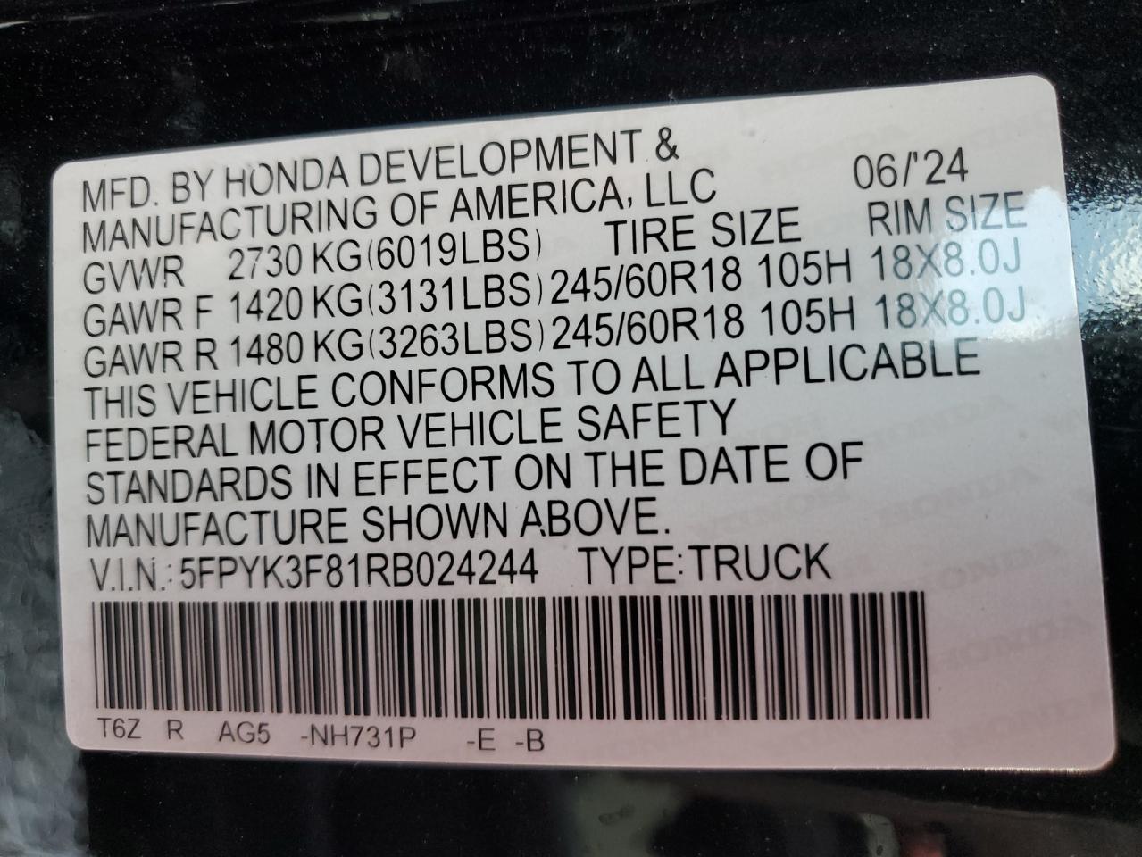 2024 Honda Ridgeline Black Edition VIN: 5FPYK3F81RB024244 Lot: 63655605