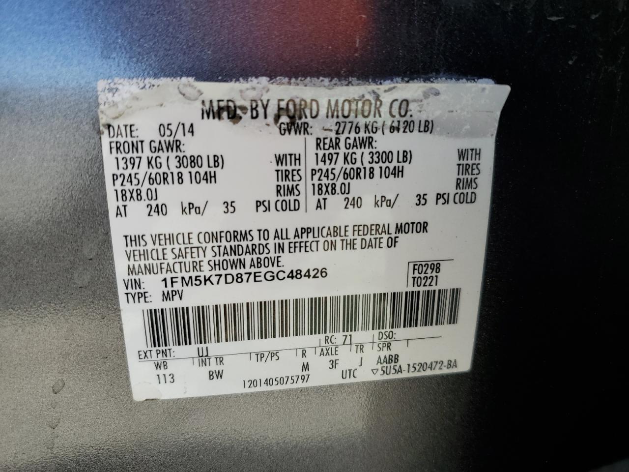 2014 Ford Explorer Xlt VIN: 1FM5K7D87EGC48426 Lot: 65376145