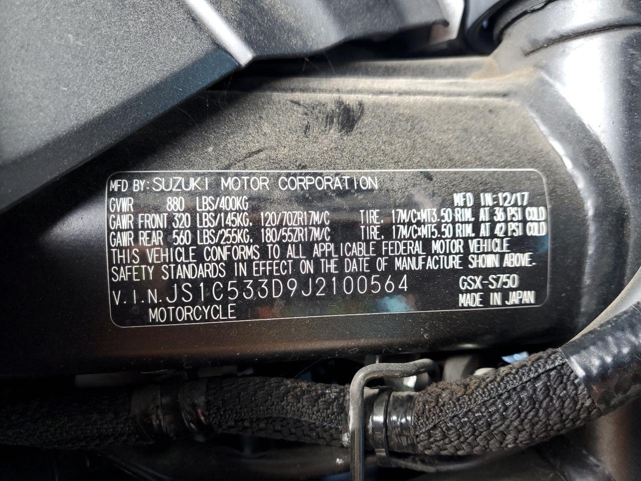 2018 Suzuki Gsx-S750 M VIN: JS1C533D9J2100564 Lot: 63308715
