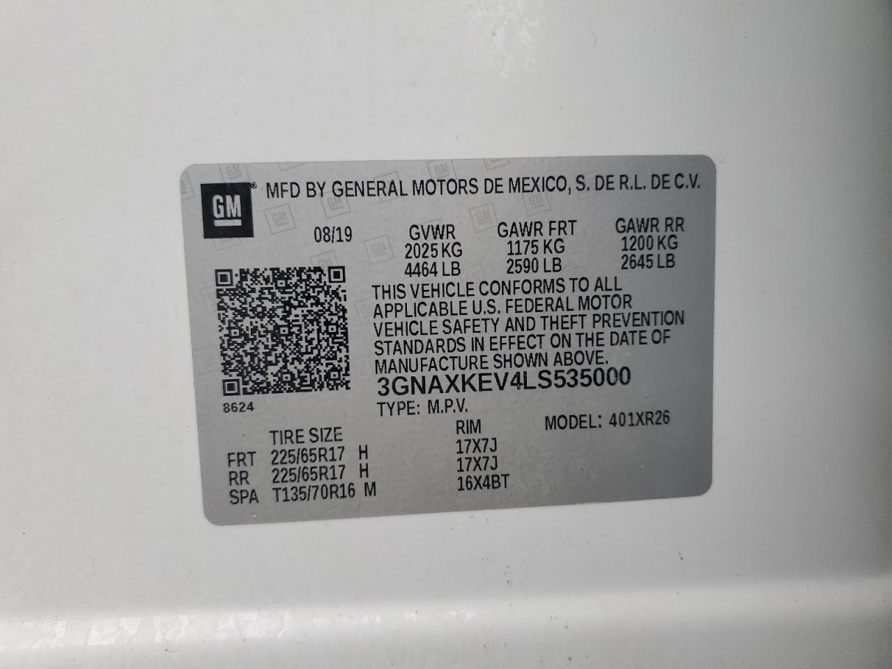 2020 Chevrolet Equinox Lt VIN: 3GNAXKEV4LS535000 Lot: 64676165