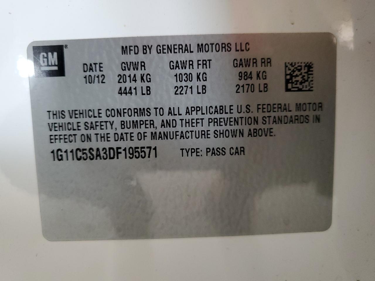2013 Chevrolet Malibu 1Lt VIN: 1G11C5SA3DF195571 Lot: 64987865