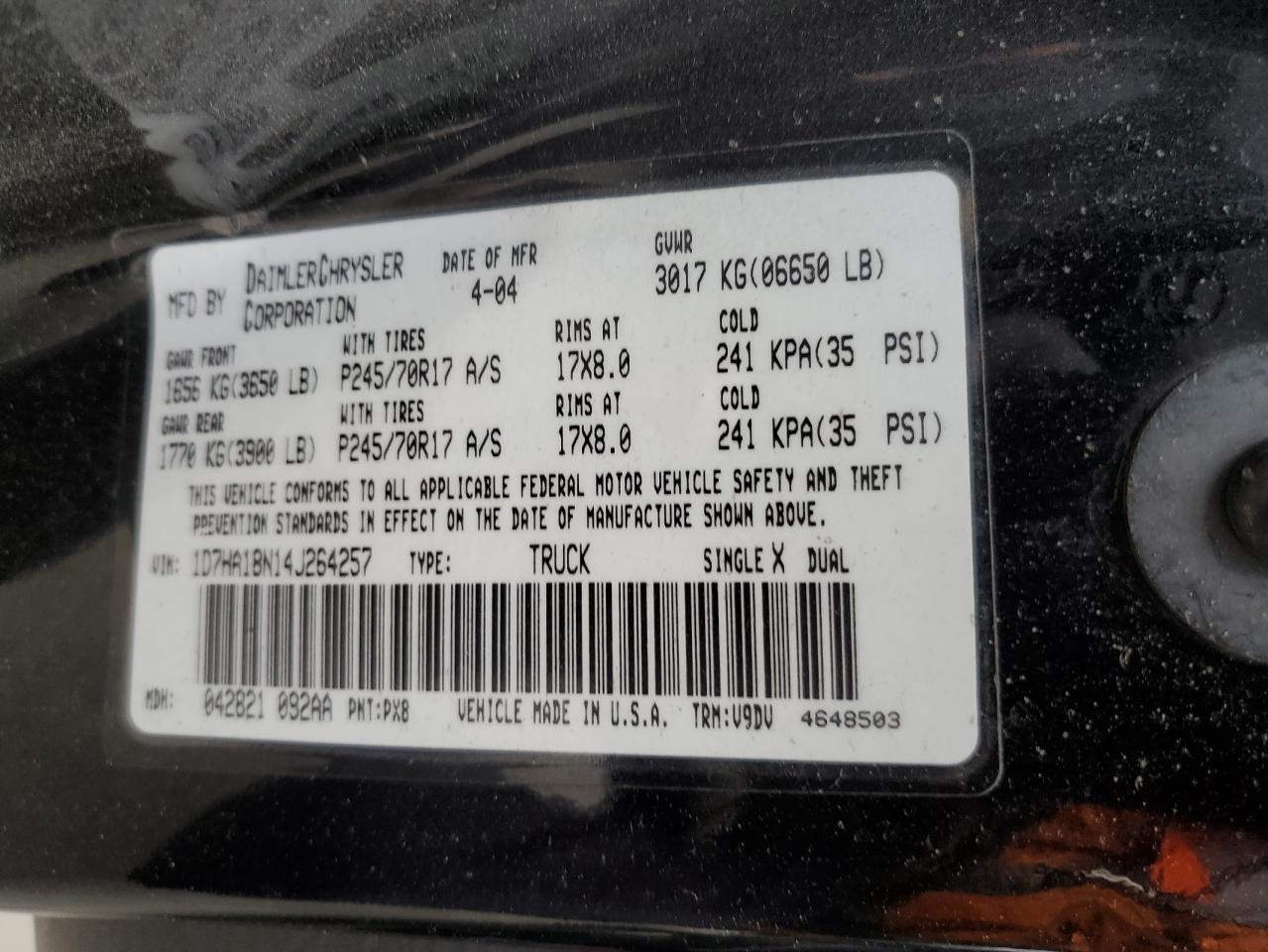 2004 Dodge Ram 1500 St VIN: 1D7HA18N14J264257 Lot: 64982435