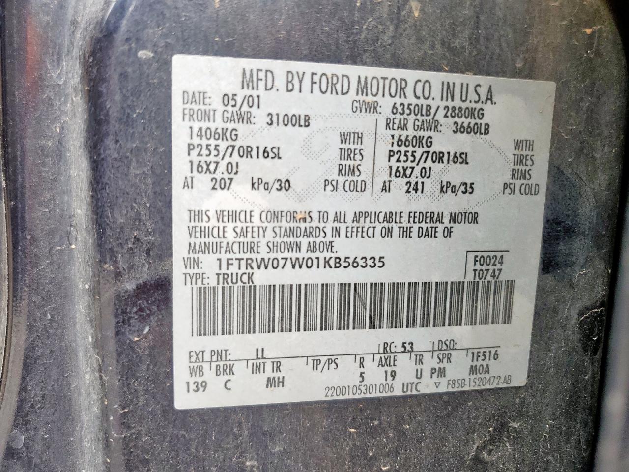 2001 Ford F150 Supercrew VIN: 1FTRW07W01KB56335 Lot: 62859495
