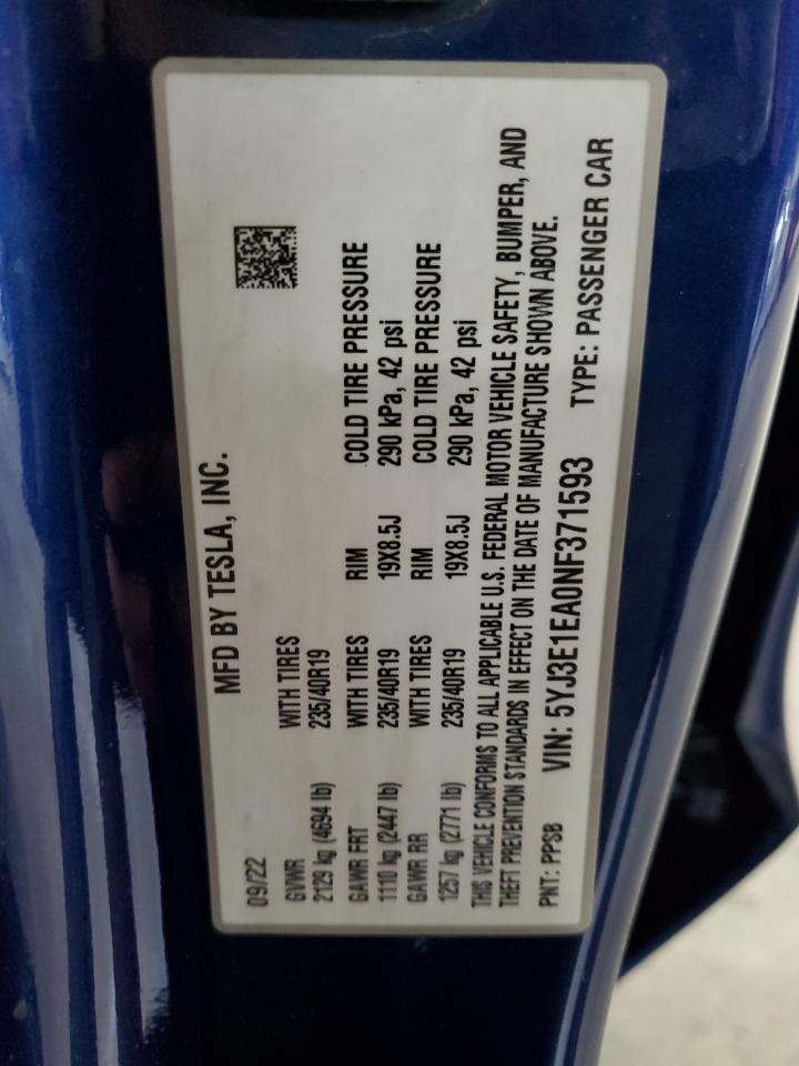 2022 Tesla Model 3 VIN: 5YJ3E1EA0NF371593 Lot: 62496035