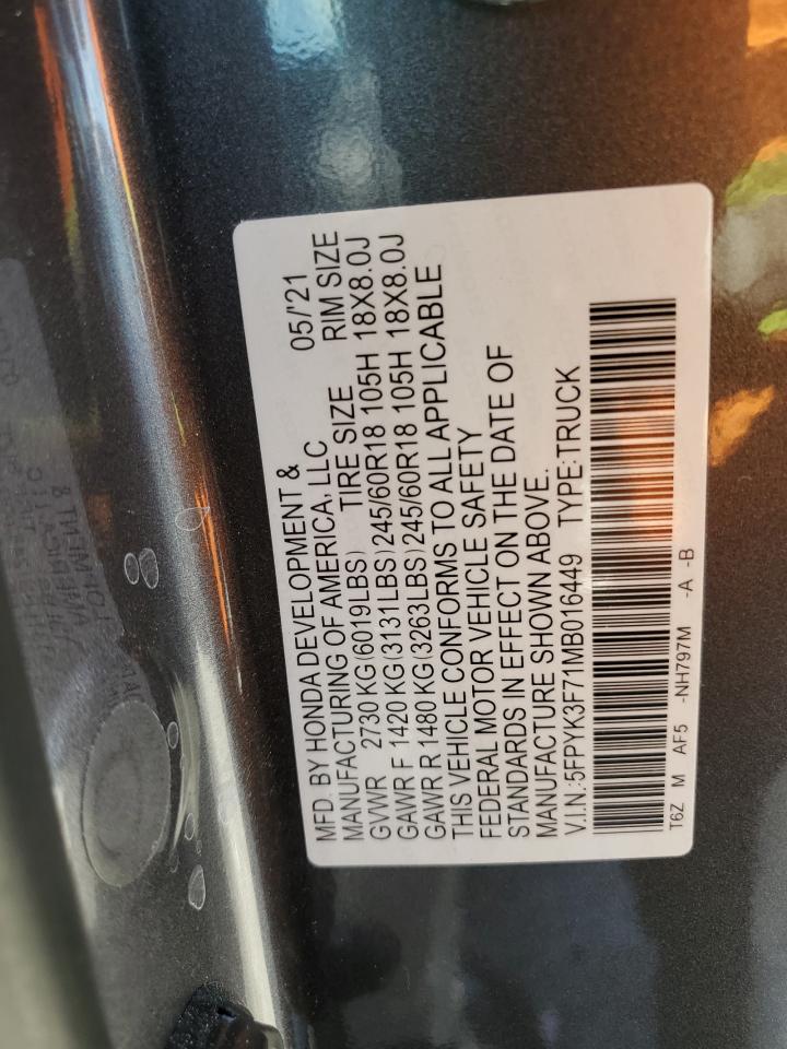 2021 Honda Ridgeline Rtl VIN: 5FPYK3F71MB016449 Lot: 64046975
