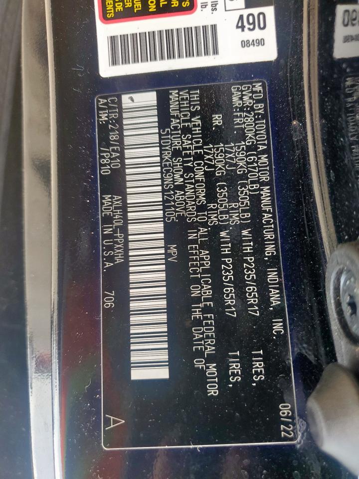 2022 Toyota Sienna Xle VIN: 5TDYRKEC9NS121105 Lot: 63942115