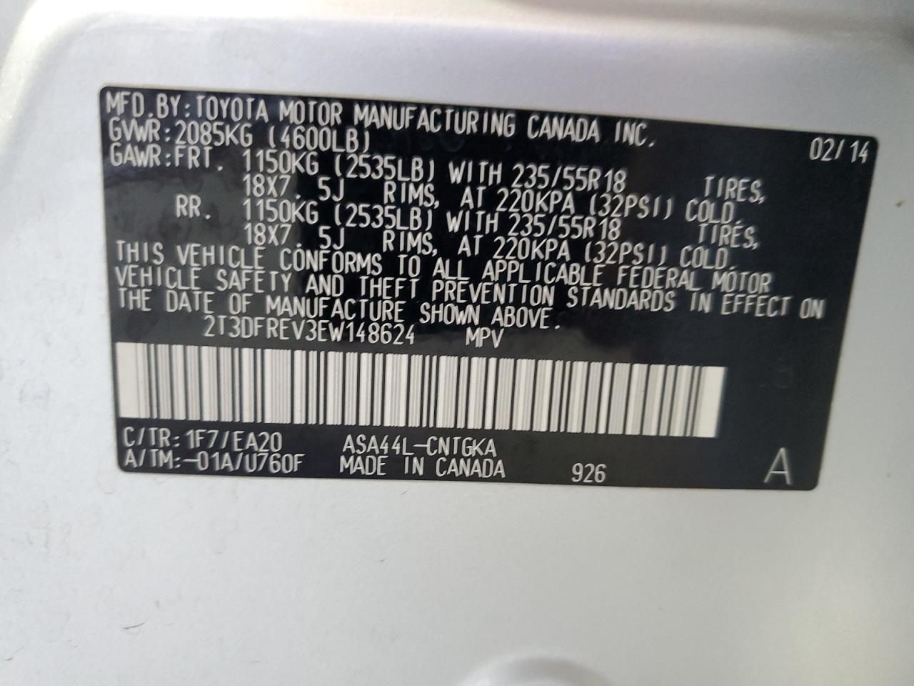 2014 Toyota Rav4 Limited VIN: 2T3DFREV3EW148624 Lot: 64789475