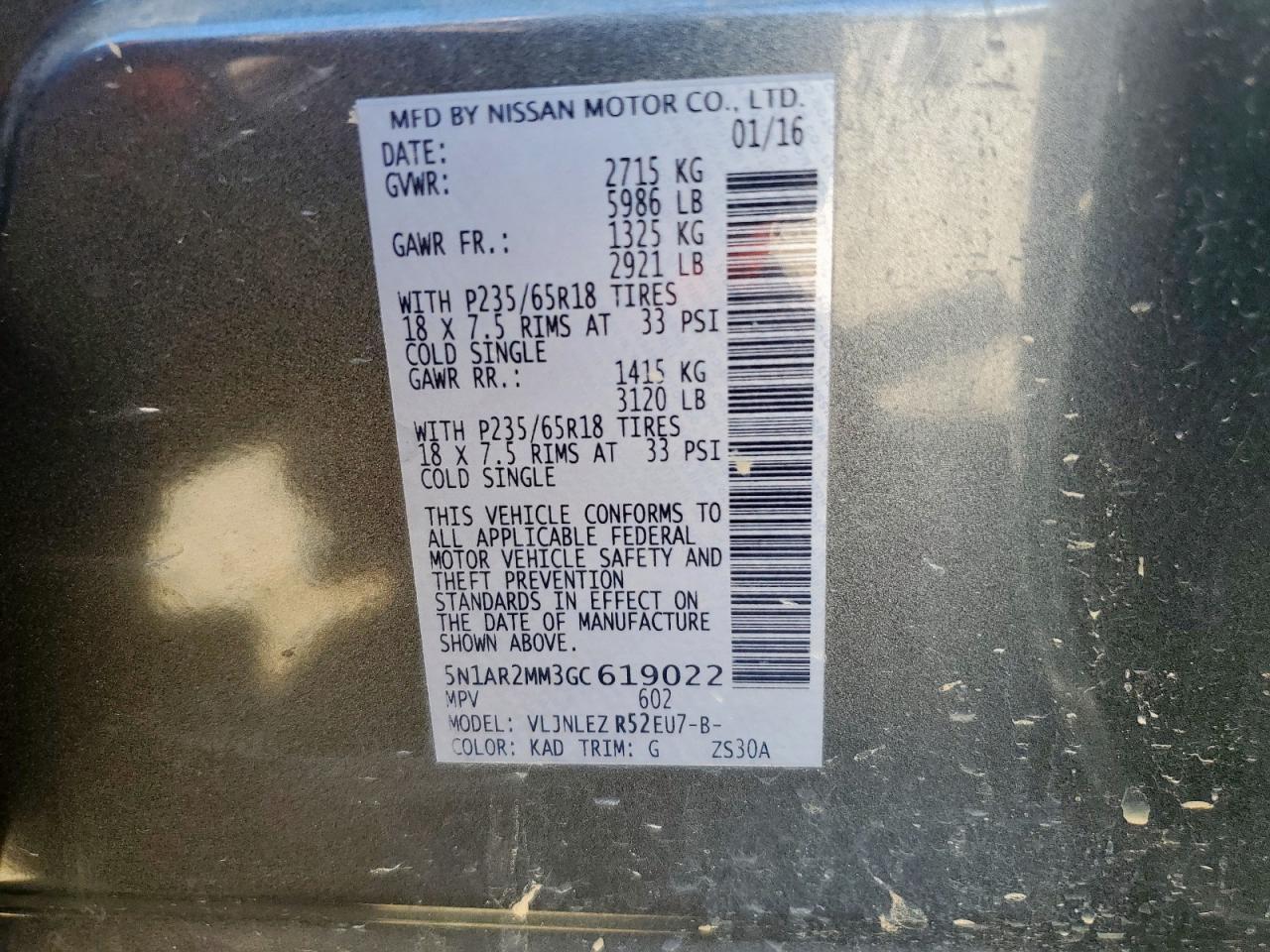 2016 Nissan Pathfinder S VIN: 5N1AR2MM3GC619022 Lot: 66319575