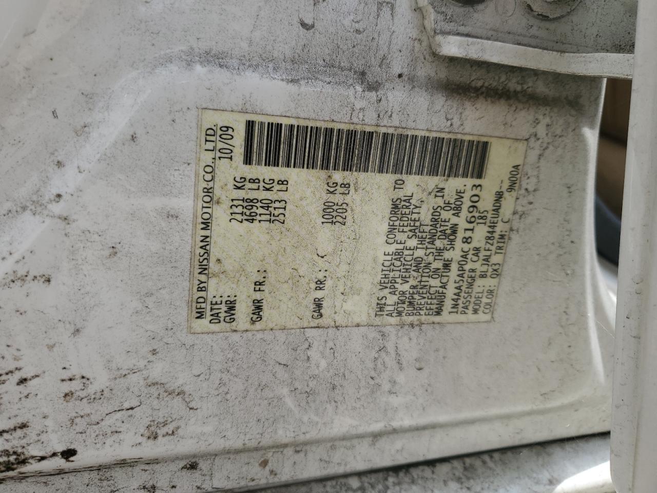 2010 Nissan Maxima S VIN: 1N4AA5AP0AC816903 Lot: 66373495